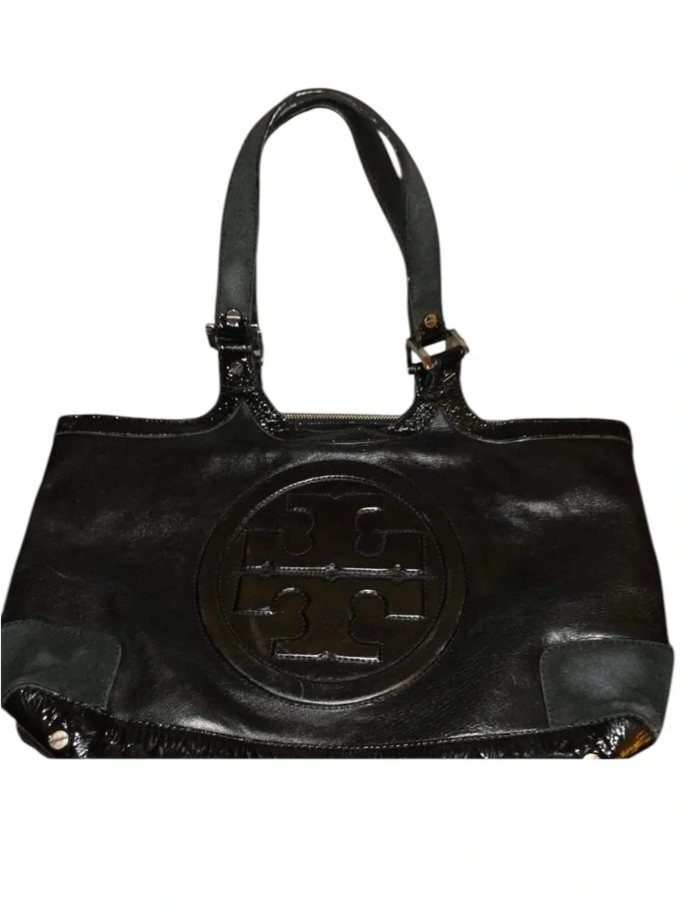 Tory Burch Black Leather Tote Shoulder Bag with Logo Accent